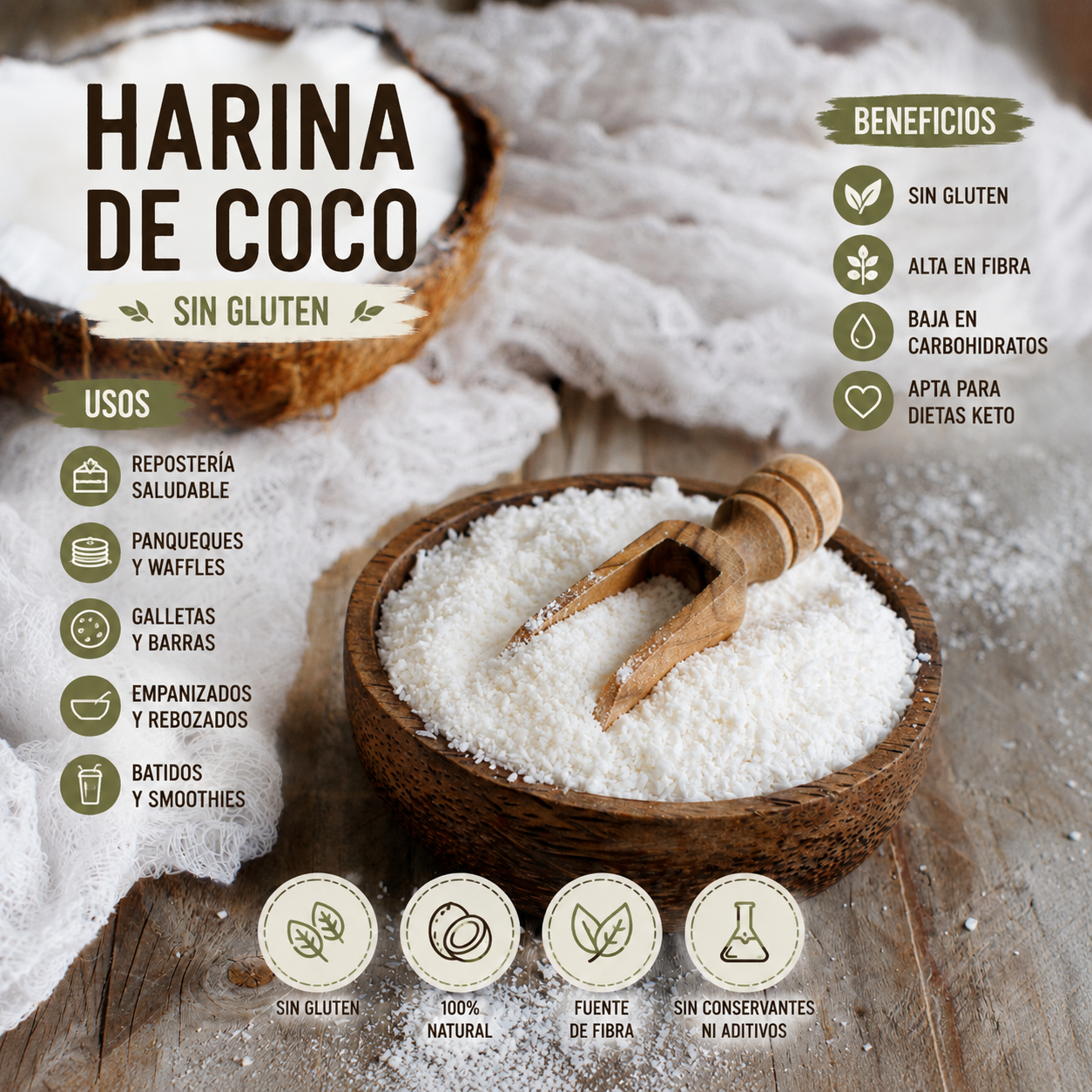 Harina de Coco Orgánica Sin Gluten - Alternativa Saludable para Celiacos