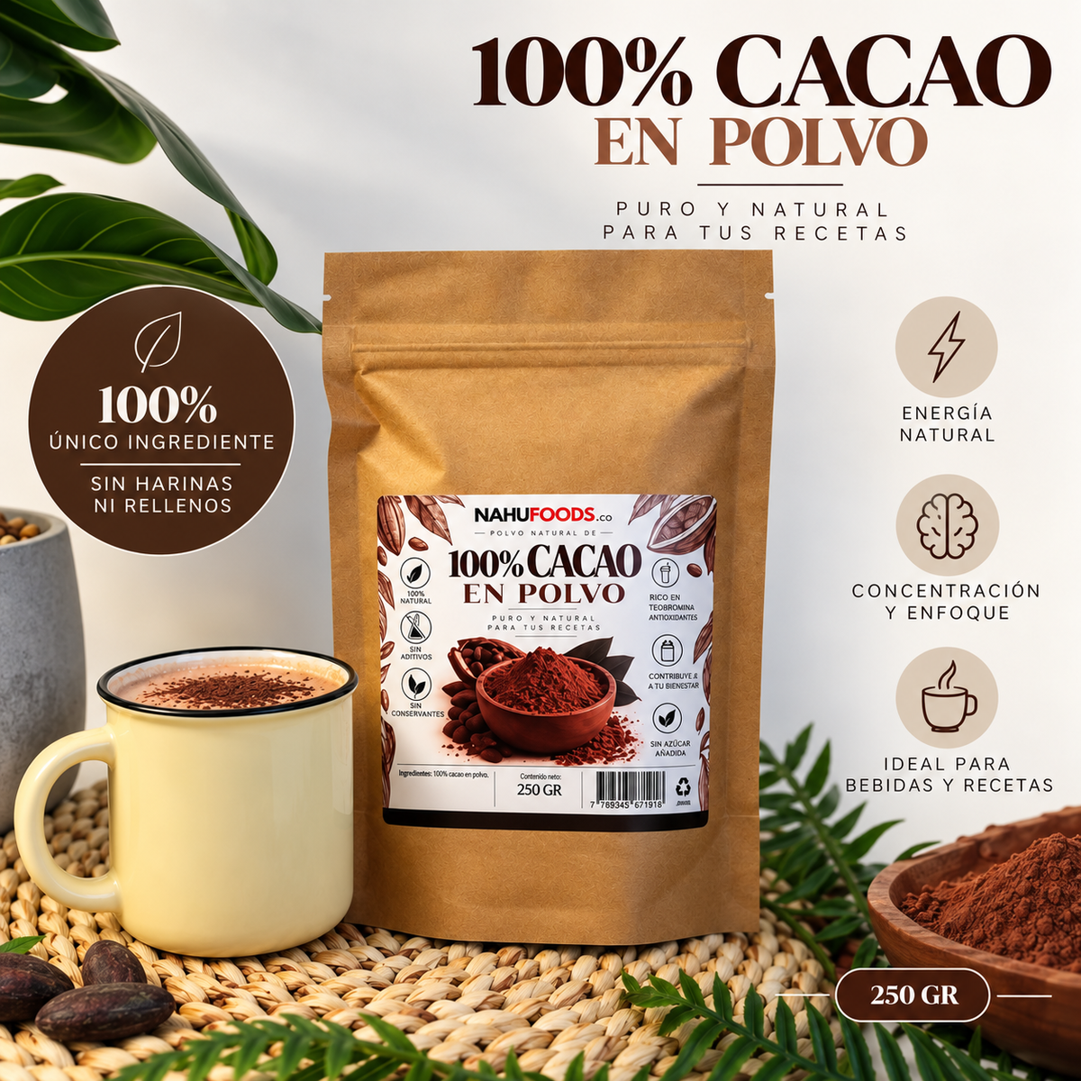 Cacao en Polvo 100% Puro Colombiano *250g- Superalimento Antioxidante