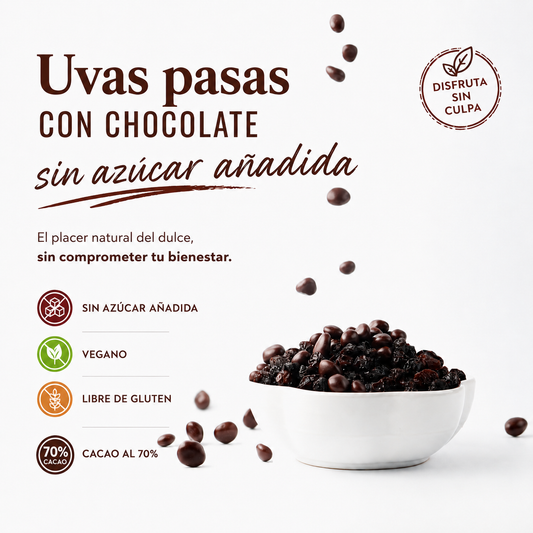 Uvas Pasas Recubiertas de Chocolate Oscuro al 70% Sin Azúcar añadida*200g- Vegano & Antioxidante