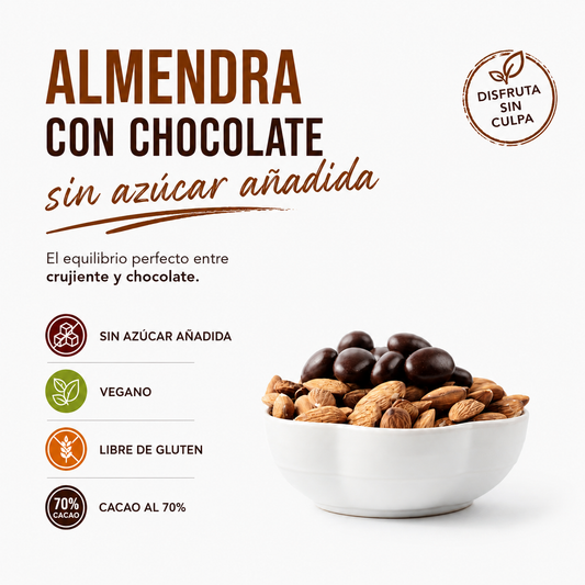 Almendras con Chocolate Oscuro 70% Sin azúcar añadida *200g – Keto - Vegano