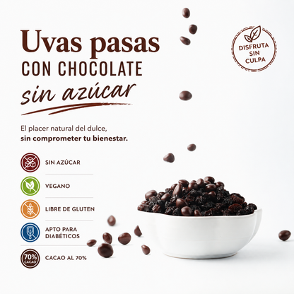 Uvas Pasas Recubiertas de Chocolate Oscuro al 70% Sin Azúcar *200g- Vegano & Antioxidante