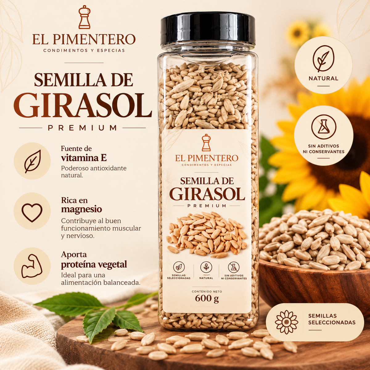 Semilla de Girasol Premium 600g - Rica en Vitamina E y Proteína Vegetal