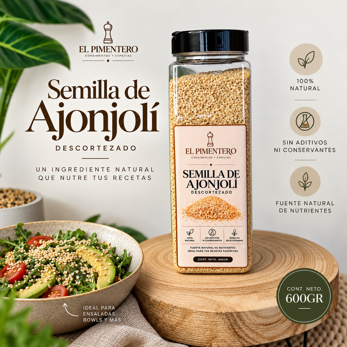Semillas de Ajonjolí Natural 600g - Alto en Calcio y Proteína Vegetal